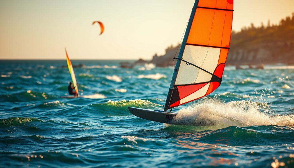 A vivid scene depicting the differences and similarities between windsurfing and kitesurfing on the West Coast of Sweden. In the foreground, a windsurfer skillfully maneuvering on vibrant blue waters, with a backdrop of a colorful sail. Adjacent to them, a kitesurfer soaring high above the waves, their kite brightly colored against a clear sky. The middle ground features gentle rolling waves with splashes of foam, capturing the dynamic movement of both sports. The background showcases a picturesque Swedish coastline with rocky shores and lush greenery, bathed in warm golden sunlight. The image should be shot with a Sony A7R IV at 70mm, clearly focused with sharp definition, utilizing a polarized filter to enhance colors and contrast, creating an energetic yet serene mood.