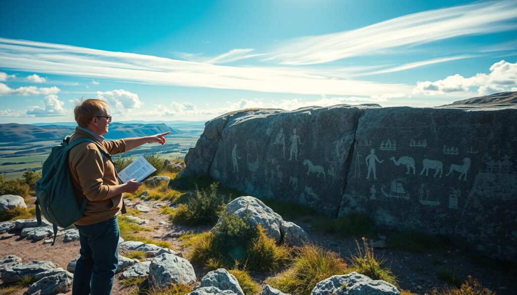 A well-equipped tourist experiencing the ancient rock carvings of Tanum, Norway, showcasing bronze age petroglyphs. In the foreground, a person dressed in modest casual clothing stands on a rocky path, holding a guidebook and pointing towards the carvings. The middle ground features detailed engravings of human figures, animals, and ships etched into the weathered rock surface, surrounded by natural greenery and occasional wildflowers. In the background, a scenic view of rolling hills under a bright blue sky, with soft clouds and warm sunlight filtering through, creating a serene atmosphere. Shot with a Sony A7R IV at 70mm, featuring sharp focus and clarity, enhanced by a polarized filter, capturing the intricate details of the carvings and the vibrant colors of the landscape. A well-equipped tourist experiencing the ancient rock carvings of Tanum, Norway, showcasing bronze age petroglyphs. In the foreground, a person dressed in modest casual clothing stands on a rocky path, holding a guidebook and pointing towards the carvings. The middle ground features detailed engravings of human figures, animals, and ships etched into the weathered rock surface, surrounded by natural greenery and occasional wildflowers. In the background, a scenic view of rolling hills under a bright blue sky, with soft clouds and warm sunlight filtering through, creating a serene atmosphere. Shot with a Sony A7R IV at 70mm, featuring sharp focus and clarity, enhanced by a polarized filter, capturing the intricate details of the carvings and the vibrant colors of the landscape.