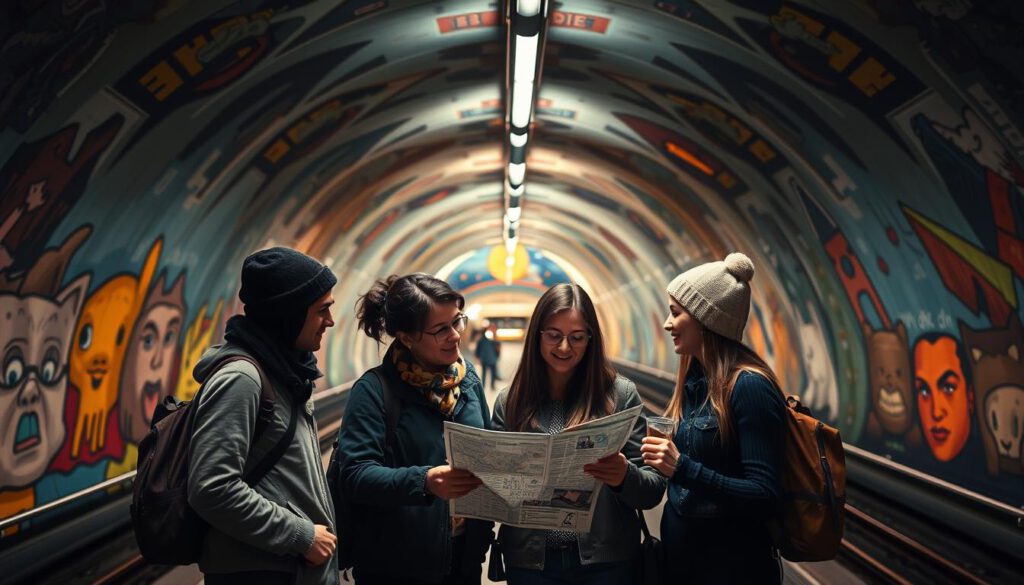 A well-organized and visually appealing layout showcasing the best times to visit the Stockholm Tunnelbana, emphasizing its stunning underground artwork and unique architecture. In the foreground, include a group of four diverse tourists dressed in modest casual clothing, looking at a map with excitement. The middle layer features an expansive view of the U-Bahn station, highlighting its vibrant murals and colorful tiles, illuminated by soft, warm lighting. In the background, capture the deep, intricate tunnels lined with art, conveying a sense of wonder and adventure. The image is shot on a Sony A7R IV with a 70mm lens, ensuring sharp focus and detail, using a polarized filter to enhance colors and reduce glare, creating a captivating atmosphere.