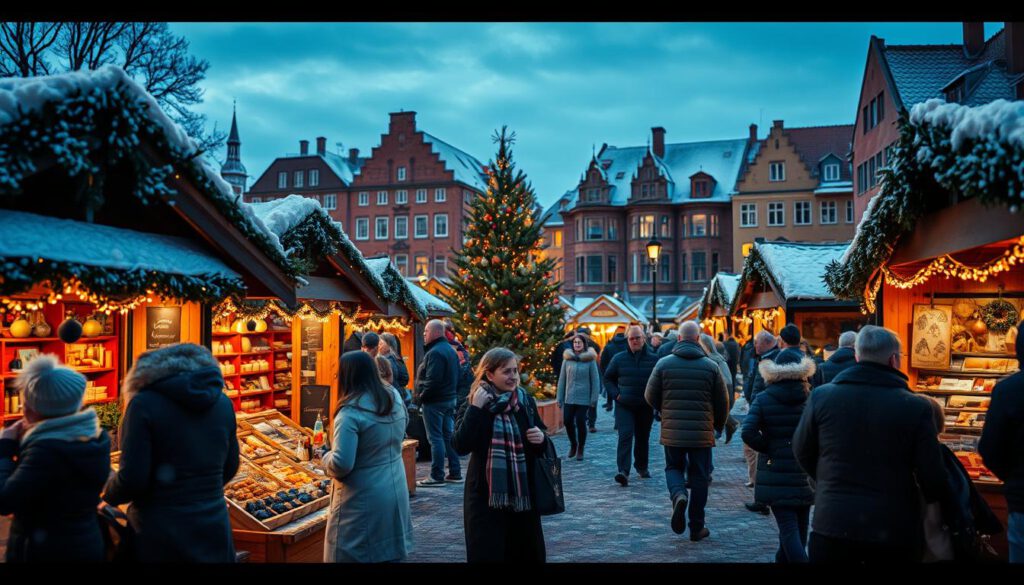 A winter evening scene at the Weihnachtsmarkt in Falun, showcasing a charming festive atmosphere. In the foreground, small wooden stalls are adorned with twinkling lights, selling handmade ornaments, mulled wine, and traditional Swedish treats. Shoppers in modest winter clothing, including scarves and hats, browse with smiles. The middle ground features a beautifully decorated Christmas tree surrounded by families enjoying the festive ambiance, with soft snowflakes gently falling. In the background, the historic architecture of Falun’s charming buildings is illuminated, creating a warm contrast against the dusky blue sky. The scene is captured with a Sony A7R IV at 70mm, ensuring every detail is sharply defined, with a polarized filter enhancing the vivid colors and evening glow, evoking a cozy, celebratory mood.