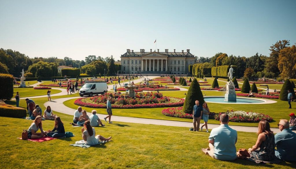 An elegant view of Drottningholm Palace's park, showcasing a vibrant, lush landscape filled with diverse flora and cheerful visitors engaging in leisurely activities. The foreground features people dressed in casual, stylish clothing enjoying picnics on well-manicured lawns, while families play frisbee and couples stroll along winding pathways. In the middle ground, classic sculptures and ornate fountains add a touch of history and art, surrounded by blossoming flowerbeds. The background reveals the majestic Drottningholm Palace, reflecting its baroque architecture under a bright blue sky. The scene is bathed in warm, natural light, captured with a Sony A7R IV at 70mm, utilizing a polarized filter to enhance color saturation and definition, creating a serene and inviting atmosphere.