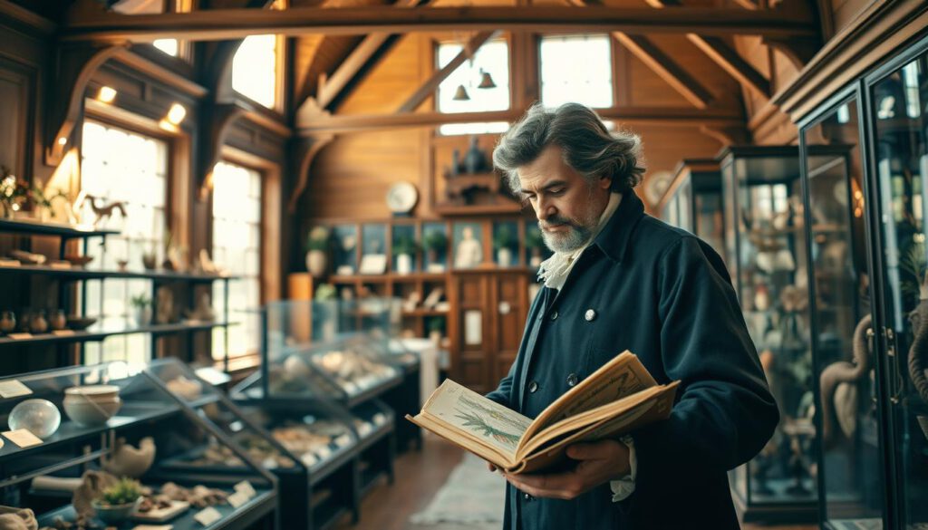 Carl von Linné stands thoughtfully in the Linné-Museum, surrounded by his botanical collections and taxonomic displays. In the foreground, he wears 18th-century attire, exuding a scholarly demeanor, and is examining a richly illustrated botanical book. The middle ground features shelves filled with various preserved plant specimens and intricate glass cases showcasing natural history artifacts, hinting at Linné's contributions to botany. In the background, soft sunlight filters through large windows, illuminating the museum's wooden beams and emphasizing the warm, inviting atmosphere. The scene is shot with a Sony A7R IV at 70mm, ensuring sharp detail and clarity, with a polarized filter enhancing the colors and textures of the museum's interior. The mood is one of discovery and reverence for nature's diversity.