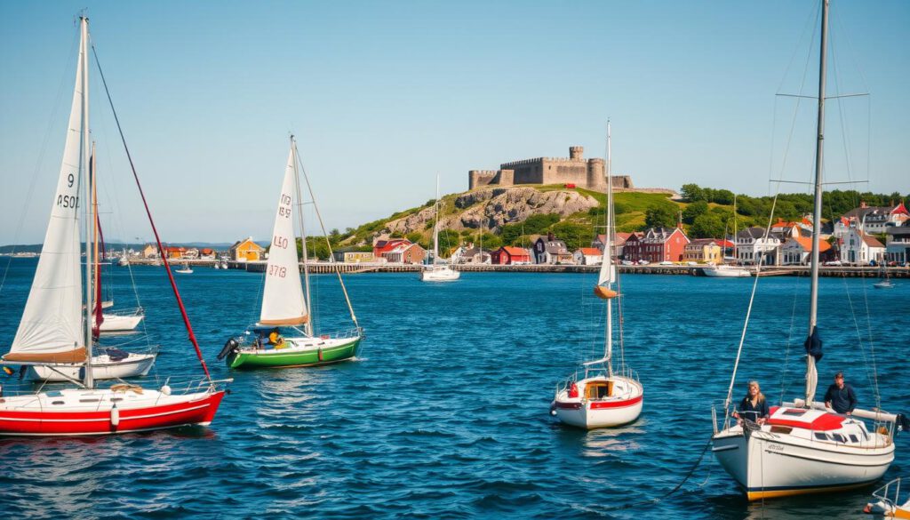 Marstrand, a picturesque coastal town on the Swedish West Coast, features vibrant sailboats gliding across the tranquil blue waters under a clear sky. In the foreground, capture details of colorful, elegantly designed yachts anchored along the marina, with people in modest sailing attire enjoying the day. The middle ground reveals the charming waterfront lined with traditional Swedish wooden houses, their facades painted in bright pastel colors. In the background, the iconic Carlstens Fortress stands majestically on a rocky hill, bathed in warm golden sunlight as it contrasts with the surrounding lush greenery. The scene is shot with a Sony A7R IV at 70mm, emphasizing sharp details and clear focus, enhanced by a polarized filter to bring out the rich colors of the landscape and sky, evoking a serene, inviting atmosphere ideal for sailing adventures.