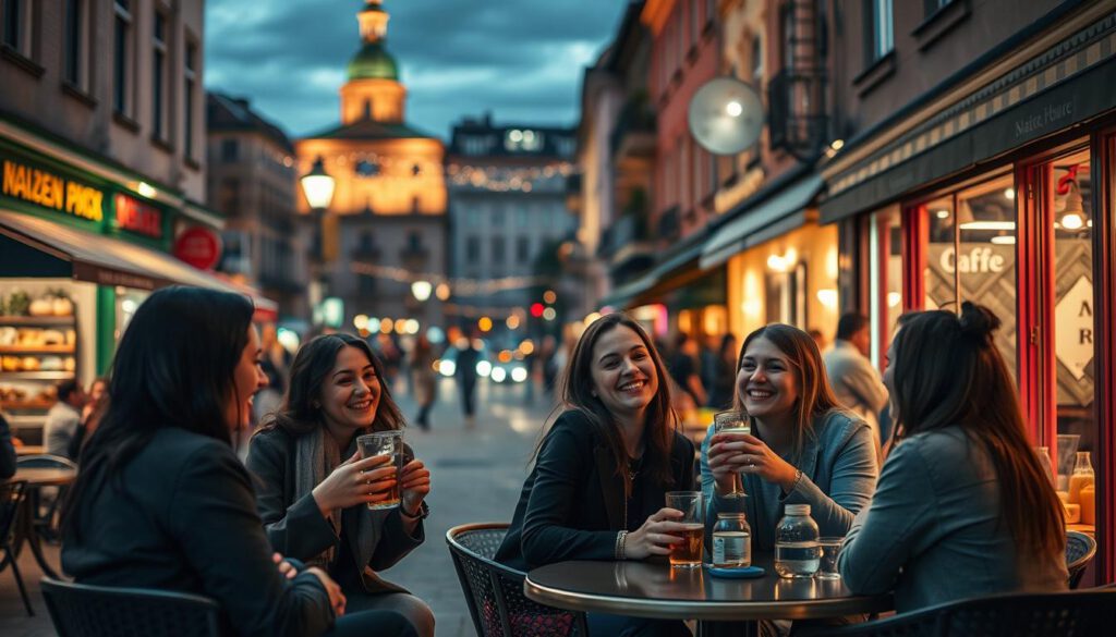 Vibrant nightlife scene in Södermalm, Stockholm, showcasing a lively street filled with trendy cafés and vintage shops. In the foreground, a group of diverse young adults in stylish, modest casual clothing are laughing and enjoying drinks at an outdoor café table. The middle ground features colorful storefronts with vintage décor, illuminated by warm, inviting lights. In the background, the charming architecture of Södermalm stands tall against a dusky sky, with hints of twinkling streetlights and bustling pedestrians. The atmosphere is energetic yet relaxed, capturing the essence of a hip neighborhood at night. Shot on a Sony A7R IV with a 70mm lens, utilizing a polarized filter for rich color saturation, clearly focused and sharply defined. Vibrant nightlife scene in Södermalm, Stockholm, showcasing a lively street filled with trendy cafés and vintage shops. In the foreground, a group of diverse young adults in stylish, modest casual clothing are laughing and enjoying drinks at an outdoor café table. The middle ground features colorful storefronts with vintage décor, illuminated by warm, inviting lights. In the background, the charming architecture of Södermalm stands tall against a dusky sky, with hints of twinkling streetlights and bustling pedestrians. The atmosphere is energetic yet relaxed, capturing the essence of a hip neighborhood at night. Shot on a Sony A7R IV with a 70mm lens, utilizing a polarized filter for rich color saturation, clearly focused and sharply defined.