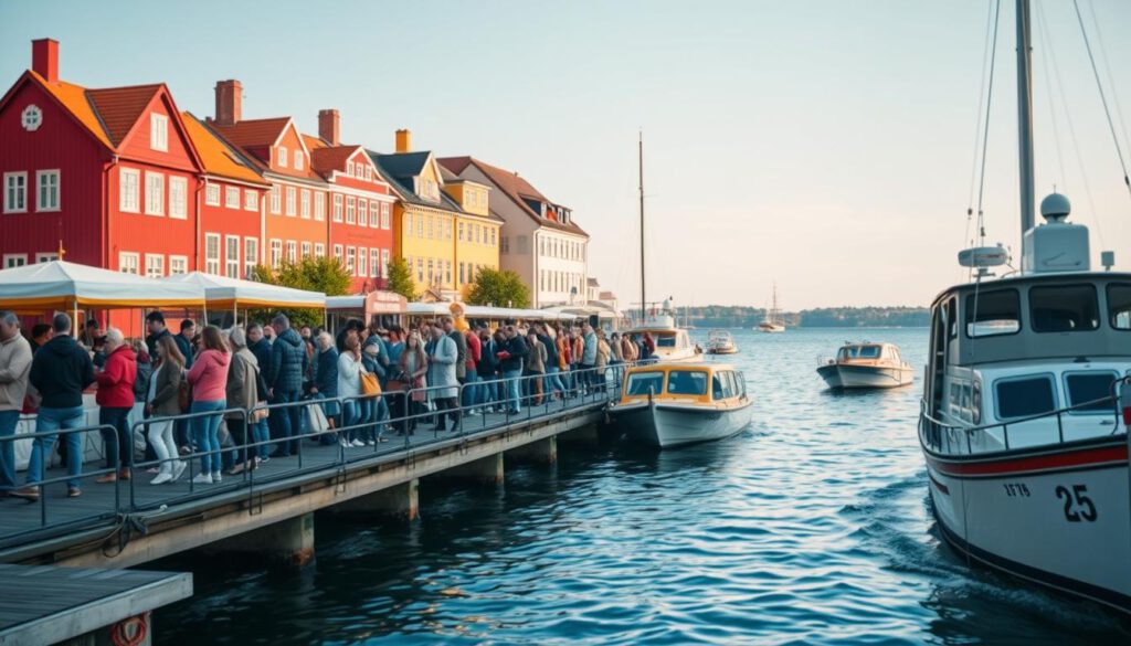 Vibrant scene depicting departure points for boat tours in Stockholm, showcasing colorful wooden docks and charming boats bobbing in the water. In the foreground, a well-maintained dock with tourists gathered, wearing casual clothing, preparing for their boat rides. The middle ground features iconic buildings with Swedish architecture, including red and yellow facades, complemented by lush greenery. In the background, the serene waters of the archipelago reflect the sky, creating a tranquil atmosphere. The composition is shot on a Sony A7R IV at 70mm, with sharp focus and vivid details, using a polarized filter to enhance colors while soft natural light casts gentle shadows, evoking a warm, inviting mood.