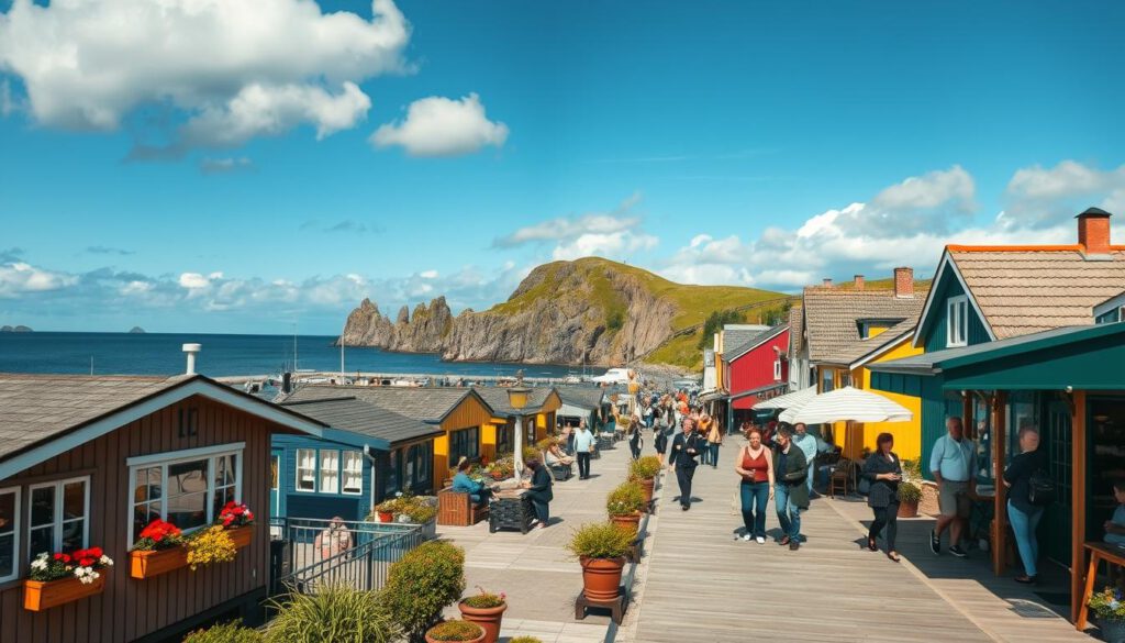 Vibrant scene depicting the lively atmosphere of Smögen, Sweden, showcasing the colorful wooden houses lining the bustling harbor in the foreground, adorned with cheerful flower boxes. In the middle ground, a charming boardwalk populated with locals and visitors enjoying leisurely strolls, some in modest casual attire, sipping coffee and chatting, while others admire the array of boats moored by the pier. In the background, striking rocky cliffs rise above the shimmering sea under a clear blue sky with soft, fluffy clouds, capturing the essence of island life. The image is shot with a Sony A7R IV at 70mm, featuring sharp details and vivid colors, enhanced by a polarized filter to achieve rich contrasts and dynamic lighting, evoking a warm and inviting atmosphere filled with the joy of outdoor living.