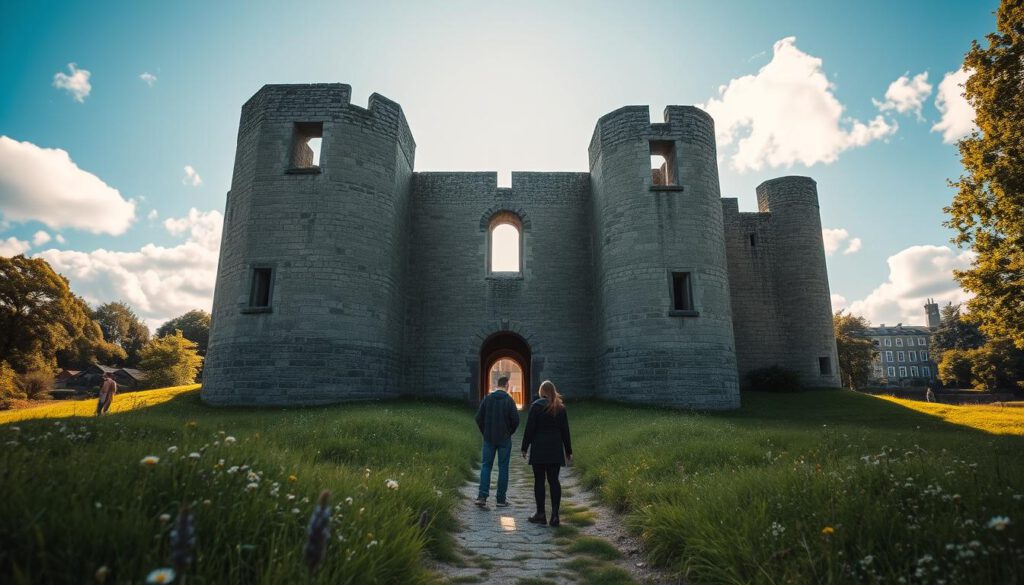 A beautiful and captivating image depicting the majestic Schloss Borgholm, an impressive medieval castle ruin located on Öland, Sweden. In the foreground, highlight the intricately detailed stone walls of the castle, with lush greenery and wildflowers surrounding its base. The middle ground features a clear path leading to the entrance, where visitors can be seen exploring, dressed in modest casual clothing, embodying a sense of curiosity and wonder. In the background, showcase the vibrant blue sky with soft, fluffy clouds, and hints of historical architecture peeking through the trees. The scene is bathed in warm, golden sunlight, creating a welcoming and serene atmosphere, shot with a Sony A7R IV at 70mm, clearly focused and sharply defined with a polarized filter for vibrant colors and contrast.