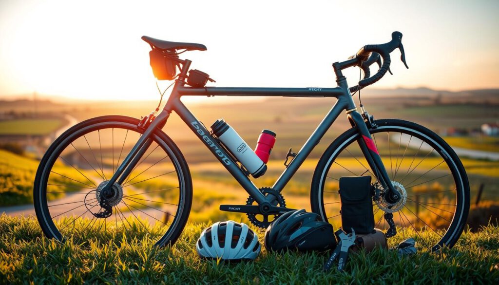 A beautifully arranged display of essential cycling gear for a scenic bicycle trip. In the foreground, feature a sleek, high-quality road bike with prominent branding, equipped with a lightweight frame and high-performance tires resting on a vibrant green grass patch. Surround it with neatly placed cycling accessories: a sturdy helmet, a colorful water bottle, two compact panniers, and a multi-tool, all exuding a sense of adventure. In the middle ground, capture a serene landscape of flat, winding roads bordered by lush fields and hints of historic architecture. The background features a soft-focus sky at sunrise, casting warm golden hues and creating an inviting atmosphere. Shot on a Sony A7R IV with a 70mm lens, ensure all elements are clearly focused and sharply defined through a polarized filter, enhancing the vibrancy of colors. A beautifully arranged display of essential cycling gear for a scenic bicycle trip. In the foreground, feature a sleek, high-quality road bike with prominent branding, equipped with a lightweight frame and high-performance tires resting on a vibrant green grass patch. Surround it with neatly placed cycling accessories: a sturdy helmet, a colorful water bottle, two compact panniers, and a multi-tool, all exuding a sense of adventure. In the middle ground, capture a serene landscape of flat, winding roads bordered by lush fields and hints of historic architecture. The background features a soft-focus sky at sunrise, casting warm golden hues and creating an inviting atmosphere. Shot on a Sony A7R IV with a 70mm lens, ensure all elements are clearly focused and sharply defined through a polarized filter, enhancing the vibrancy of colors.