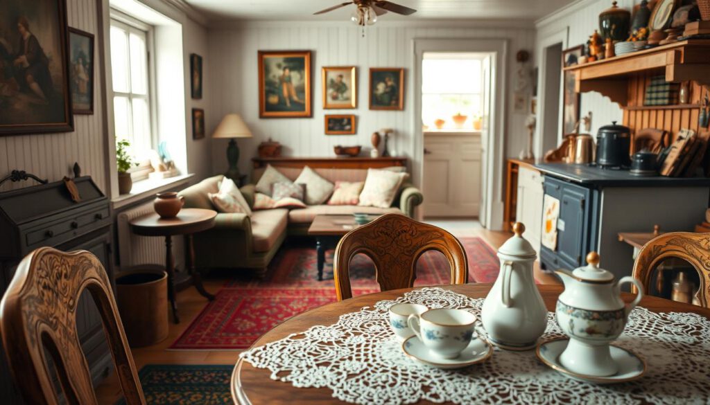 A beautifully detailed interior of Astrid Lindgren's childhood home in Vimmerby, showcasing authentic 19th-century furnishings. The foreground features a rustic wooden table set for tea, adorned with a delicate lace tablecloth and traditional Swedish ceramics. In the middle, a cozy sitting area with a vintage sofa, colorful woven rugs, and classic folk art on the walls, creating a warm and inviting atmosphere. The background reveals a small, quaint kitchen, complete with a stove and shelves filled with old books and jars, bathed in soft, natural light filtering through the window. Shot on a Sony A7R IV at 70mm, with sharp focus and vibrant colors, using a polarized filter to enhance the details and provide depth, evoking a nostalgic and serene mood.