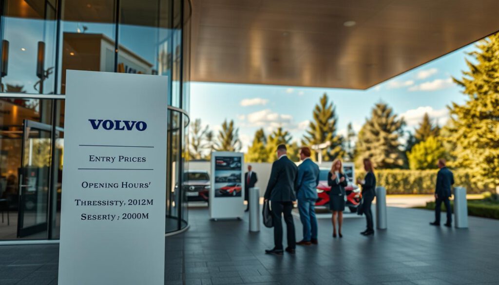 A beautifully organized layout of the entrance area of the Volvo Museum in Göteborg, showcasing a sleek modern building with glass elements reflecting the natural surroundings. In the foreground, display a large, elegant sign depicting "Entry Prices" and "Opening Hours," stylishly presented without any text. The middle ground features visitors in professional attire, engaging with interactive displays about Volvo’s automotive history. The background captures the museum's exterior with lush greenery and blue skies, bathed in warm sunlight. Shot on a Sony A7R IV at 70mm, the image should have a slightly blurred background to focus on the entrance sign and visitors. The atmosphere conveys excitement and curiosity, inviting viewers to explore the history of Volvo.