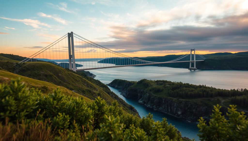 A breathtaking view of the Höga Kusten Bridge, Sweden's longest suspension bridge, set against a picturesque landscape. In the foreground, capture lush greenery and gently undulating hills, leading to the bridge's impressive sleek lines. The bridge arches gracefully over the Ångerman River, its cables intricately designed and reflecting sunlight. In the middle ground, the waters of the river shimmer with hints of teal and azure, bordered by rocky outcrops. The background features a vibrant sky at golden hour, with warm hues of orange and pink blending into the cool blues, creating a serene atmosphere. Shot on a Sony A7R IV at 70mm with a polarized filter, ensuring sharp focus and high definition, highlighting the remarkable engineering of the bridge against its natural surroundings.
