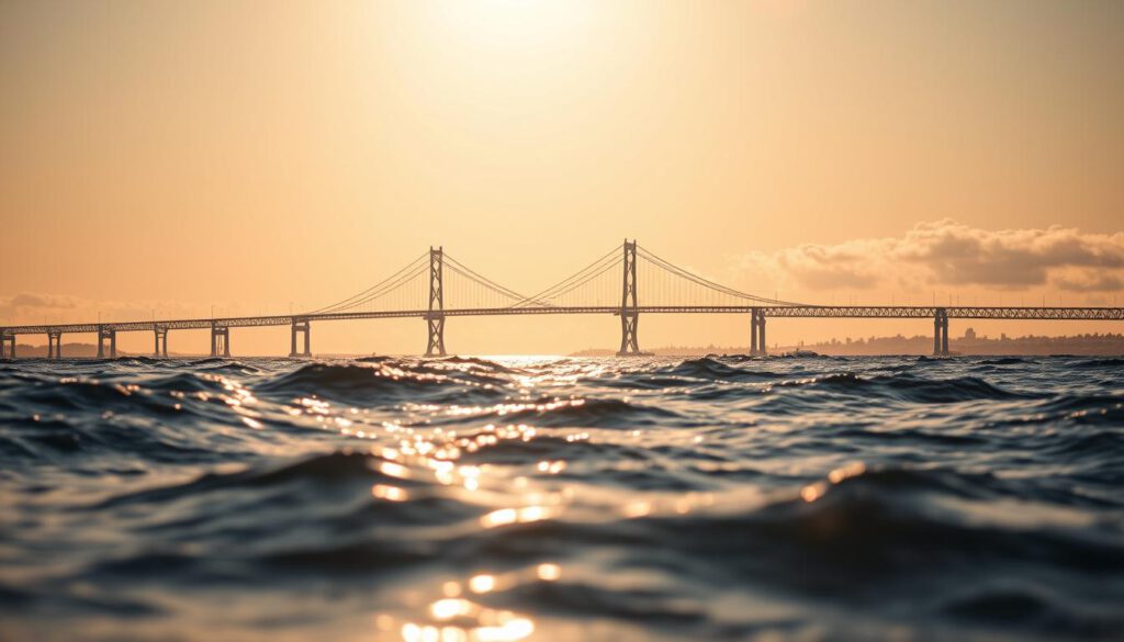 A breathtaking view of the Öresund Bridge during the optimal travel season, showcasing its majestic architecture stretching over the shimmering waters from Malmö to Copenhagen. In the foreground, gently rolling waves reflect the warm hues of a golden sunset, casting a tranquil ambiance. The middle ground highlights the impressive bridge structure rising gracefully from both shores, with vehicles crossing, symbolizing connectivity. In the background, the skyline of Copenhagen is visible, with soft clouds enhancing the scenic vista. The image is shot using a Sony A7R IV with a 70mm lens, featuring clear focus and sharp detail, enhanced by a polarized filter to enrich colors and contrast. The mood evokes a sense of adventure and anticipation for travelers planning their journey. A breathtaking view of the Öresund Bridge during the optimal travel season, showcasing its majestic architecture stretching over the shimmering waters from Malmö to Copenhagen. In the foreground, gently rolling waves reflect the warm hues of a golden sunset, casting a tranquil ambiance. The middle ground highlights the impressive bridge structure rising gracefully from both shores, with vehicles crossing, symbolizing connectivity. In the background, the skyline of Copenhagen is visible, with soft clouds enhancing the scenic vista. The image is shot using a Sony A7R IV with a 70mm lens, featuring clear focus and sharp detail, enhanced by a polarized filter to enrich colors and contrast. The mood evokes a sense of adventure and anticipation for travelers planning their journey.