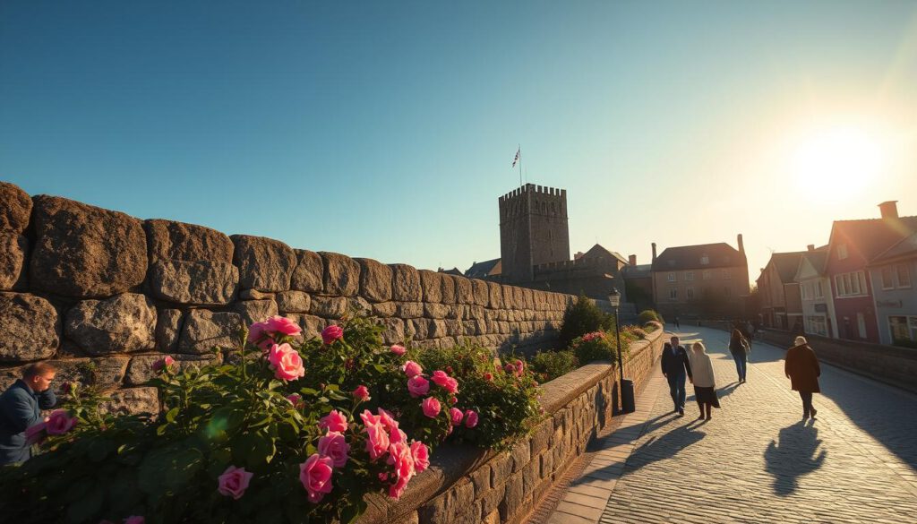 A breathtaking view of the medieval city wall of Visby, Gotland, standing majestically under a clear blue sky. The scene captures the textured stone of the ancient wall in the foreground, showcasing its towering sections adorned with greenery and vibrant roses blooming at the base, typical of Visby’s charm. In the middle ground, well-preserved towers rise, casting soft shadows on the cobblestone streets bustling with modestly dressed pedestrians enjoying the sight. In the background, a warm sun casts a golden light, enhancing the colors and creating a welcoming atmosphere. The image should have a natural, serene mood, photographed with a Sony A7R IV at 70mm, ensuring sharp focus and clarity, using a polarized filter for enriched colors. No text overlays or watermarks present. A breathtaking view of the medieval city wall of Visby, Gotland, standing majestically under a clear blue sky. The scene captures the textured stone of the ancient wall in the foreground, showcasing its towering sections adorned with greenery and vibrant roses blooming at the base, typical of Visby’s charm. In the middle ground, well-preserved towers rise, casting soft shadows on the cobblestone streets bustling with modestly dressed pedestrians enjoying the sight. In the background, a warm sun casts a golden light, enhancing the colors and creating a welcoming atmosphere. The image should have a natural, serene mood, photographed with a Sony A7R IV at 70mm, ensuring sharp focus and clarity, using a polarized filter for enriched colors. No text overlays or watermarks present.
