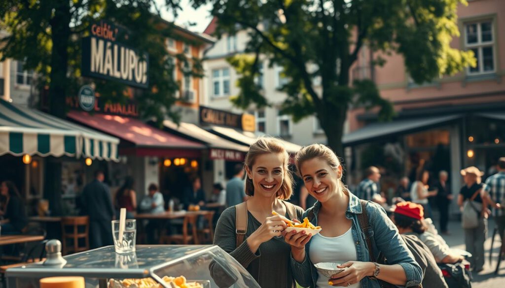 A bustling scene capturing the vibrant atmosphere of restaurants near Malmö Saluhall, showcasing varied dining options. In the foreground, a cheerful couple in modest casual clothing enjoys street food from a vendor, delighting in local specialties. The middle ground features diverse restaurant exteriors, with colorful signage and outdoor seating filled with patrons. The background presents the iconic Malmö Saluhall, its distinctive architecture framed by lush greenery. The lighting is warm and inviting, reminiscent of late afternoon sunlight filtering through trees. Shot with a Sony A7R IV at 70mm, the composition is sharply focused with a polarizing filter enhancing colors and contrast, evoking a lively yet relaxed vibe perfect for exploring culinary delights. A bustling scene capturing the vibrant atmosphere of restaurants near Malmö Saluhall, showcasing varied dining options. In the foreground, a cheerful couple in modest casual clothing enjoys street food from a vendor, delighting in local specialties. The middle ground features diverse restaurant exteriors, with colorful signage and outdoor seating filled with patrons. The background presents the iconic Malmö Saluhall, its distinctive architecture framed by lush greenery. The lighting is warm and inviting, reminiscent of late afternoon sunlight filtering through trees. Shot with a Sony A7R IV at 70mm, the composition is sharply focused with a polarizing filter enhancing colors and contrast, evoking a lively yet relaxed vibe perfect for exploring culinary delights.