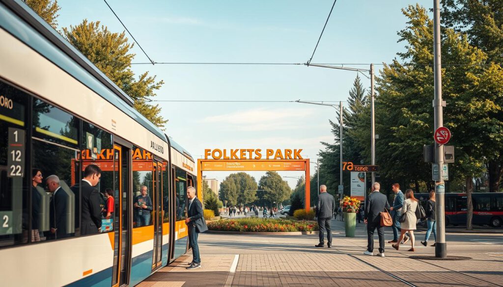 A bustling urban scene showcasing the accessibility of Folkets Park in Malmö via public transportation. In the foreground, a modern tram stops, with passengers disembarking and boarding, all dressed in professional and casual attire. In the middle ground, bright, inviting signage guides visitors towards Folkets Park, interspersed with greenery and seasonal flowers. The background features a clear blue sky and the park's iconic entrance, framed by tall trees. The scene is captured in soft, natural light, evoking a cheerful daytime atmosphere. Shot on a Sony A7R IV at 70mm, the image is sharply defined and vibrant, with a polarizing filter enhancing colors and contrast, creating an inviting yet informative tone about easy access to the park through public transport. A bustling urban scene showcasing the accessibility of Folkets Park in Malmö via public transportation. In the foreground, a modern tram stops, with passengers disembarking and boarding, all dressed in professional and casual attire. In the middle ground, bright, inviting signage guides visitors towards Folkets Park, interspersed with greenery and seasonal flowers. The background features a clear blue sky and the park's iconic entrance, framed by tall trees. The scene is captured in soft, natural light, evoking a cheerful daytime atmosphere. Shot on a Sony A7R IV at 70mm, the image is sharply defined and vibrant, with a polarizing filter enhancing colors and contrast, creating an inviting yet informative tone about easy access to the park through public transport.