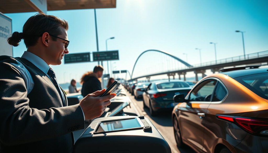 A busy toll booth at the Öresund Bridge, showcasing various payment methods in use. In the foreground, a close-up of a cashier in professional business attire collecting cash and scanning digital payment apps on a tablet. In the middle, visible cars lining up with drivers using different payment options, like credit cards and mobile devices. The background features the iconic Öresund Bridge arching dramatically under a clear blue sky, with soft sunlight illuminating the scene for a vibrant atmosphere. The image is shot with a Sony A7R IV at 70mm, ensuring sharp details and defined textures, enhanced by a polarized filter to reduce glare and enhance colors. The mood is efficient yet welcoming, emphasizing the seamless experience at the toll booth. A busy toll booth at the Öresund Bridge, showcasing various payment methods in use. In the foreground, a close-up of a cashier in professional business attire collecting cash and scanning digital payment apps on a tablet. In the middle, visible cars lining up with drivers using different payment options, like credit cards and mobile devices. The background features the iconic Öresund Bridge arching dramatically under a clear blue sky, with soft sunlight illuminating the scene for a vibrant atmosphere. The image is shot with a Sony A7R IV at 70mm, ensuring sharp details and defined textures, enhanced by a polarized filter to reduce glare and enhance colors. The mood is efficient yet welcoming, emphasizing the seamless experience at the toll booth.