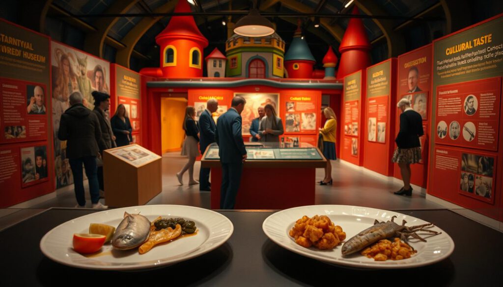 A captivating exhibit within the "Disgusting Food Museum" in Malmö, showcasing cultural differences in taste. In the foreground, a pair of elegantly arranged plates display unusual delicacies like fermented herring, fried tarantulas, and other culturally significant dishes that evoke curiosity and disgust. The middle ground features an interactive display with visitors, dressed in smart casual attire, pondering the combinations of flavors, surrounded by information panels highlighting cultural perspectives on taste. In the background, a whimsical museum architecture with bold colors sets an engaging atmosphere. The lighting is soft yet dramatic, enhancing textures, shot at 70mm with a Sony A7R IV to capture sharp details and vivid contrasts, conveying a sense of intrigue and cultural exploration. A captivating exhibit within the "Disgusting Food Museum" in Malmö, showcasing cultural differences in taste. In the foreground, a pair of elegantly arranged plates display unusual delicacies like fermented herring, fried tarantulas, and other culturally significant dishes that evoke curiosity and disgust. The middle ground features an interactive display with visitors, dressed in smart casual attire, pondering the combinations of flavors, surrounded by information panels highlighting cultural perspectives on taste. In the background, a whimsical museum architecture with bold colors sets an engaging atmosphere. The lighting is soft yet dramatic, enhancing textures, shot at 70mm with a Sony A7R IV to capture sharp details and vivid contrasts, conveying a sense of intrigue and cultural exploration.