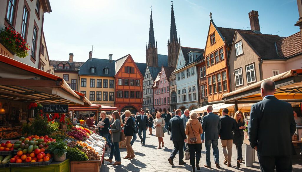 A charming street scene in Innenstadt Lund, showcasing the historic town square with its vibrant market atmosphere. In the foreground, a lively market stall displays fresh produce and local crafts, with people in professional business attire mingling and engaging with vendors. The middle ground features beautifully preserved medieval buildings, their colorful facades adorned with flowers, reflecting the city's rich history. In the background, the majestic Lund Cathedral stands tall under a clear blue sky, illuminated by warm afternoon sunlight. Capture the essence of bustling urban life, with soft shadows adding depth. Shot on a Sony A7R IV at 70mm, ensuring sharp focus and clarity, enhanced by a polarized filter to bring out the vivid colors and sharp details. Aim for a bright, inviting atmosphere that highlights the charm of Lund's downtown. A charming street scene in Innenstadt Lund, showcasing the historic town square with its vibrant market atmosphere. In the foreground, a lively market stall displays fresh produce and local crafts, with people in professional business attire mingling and engaging with vendors. The middle ground features beautifully preserved medieval buildings, their colorful facades adorned with flowers, reflecting the city's rich history. In the background, the majestic Lund Cathedral stands tall under a clear blue sky, illuminated by warm afternoon sunlight. Capture the essence of bustling urban life, with soft shadows adding depth. Shot on a Sony A7R IV at 70mm, ensuring sharp focus and clarity, enhanced by a polarized filter to bring out the vivid colors and sharp details. Aim for a bright, inviting atmosphere that highlights the charm of Lund's downtown.