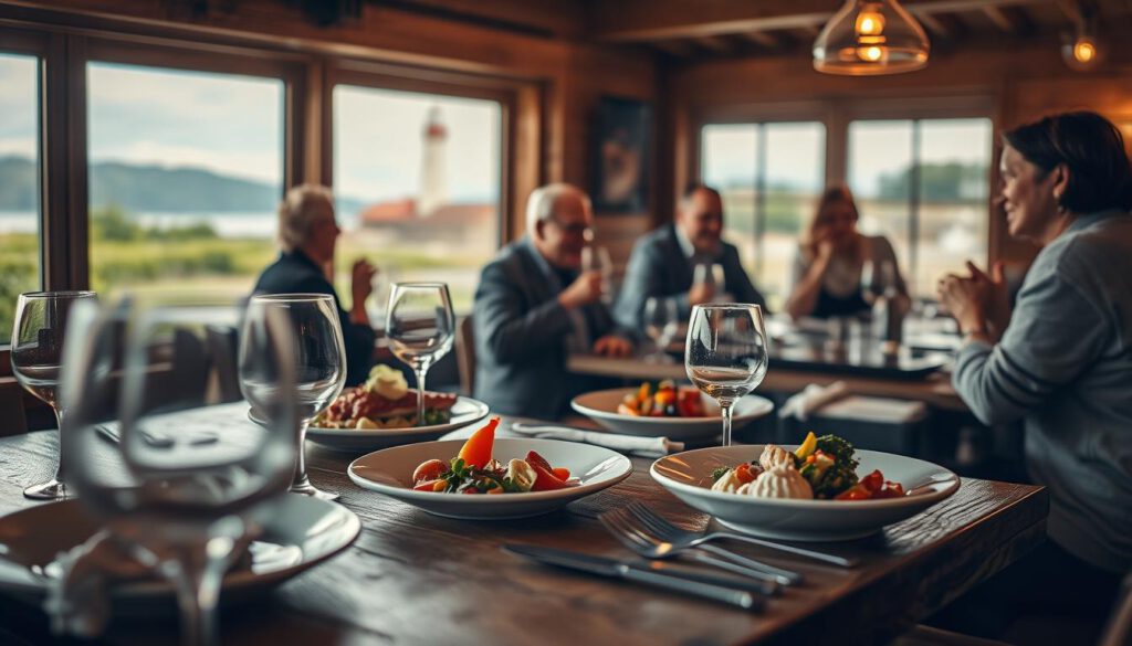 A cozy and inviting scene at the Restaurant Fågel Blå in Ottenby, showcasing a beautifully arranged rustic wooden table set for a meal, topped with regional dishes like fresh seafood and seasonal vegetables, all beautifully plated. In the foreground, delicate glassware reflects the warm glow of soft, ambient lighting. The middle ground features patrons in modest casual clothing enjoying their meals, laughing and engaging in conversation, while the background reveals large windows showcasing the stunning views of the surrounding natural landscape, including lush greenery and glimpses of the nearby lighthouse. The atmosphere is warm and inviting, evoking a sense of culinary delight and tranquility. Shot on a Sony A7R IV at 70mm, clearly focused with a polarized filter, capturing vivid colors and textures.