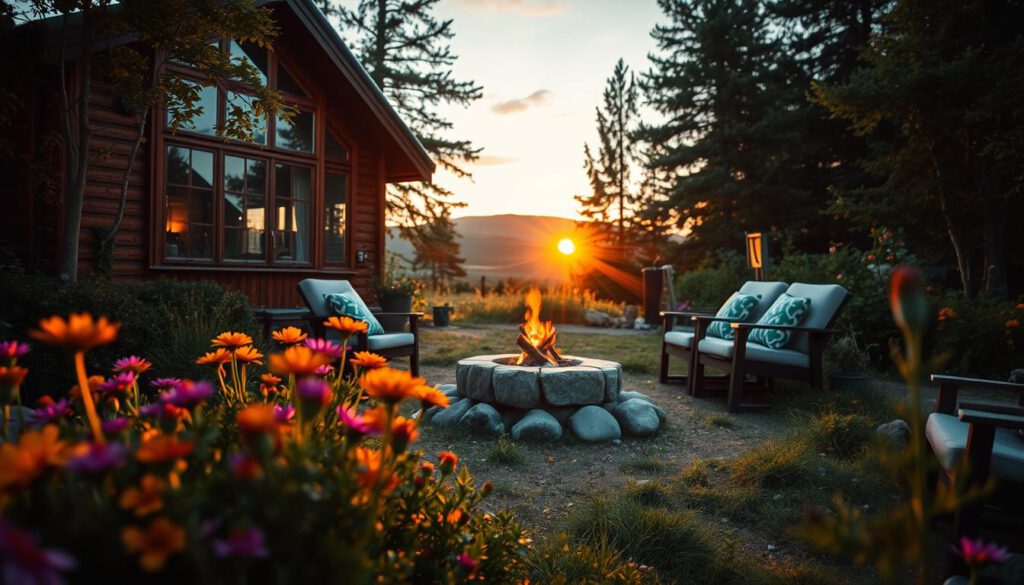 A cozy cabin nestled among lush greenery near the Elchpark in Småland, featuring comfortable outdoor seating and a small fire pit surrounded by stones. In the foreground, vibrant wildflowers bloom, adding color to the natural setting. The middle ground showcases the cabin’s wooden architecture, with large windows reflecting the warm glow of an evening sunset. In the background, majestic trees and gentle hills blend into the soft twilight sky, creating an inviting ambiance. The image is captured with a Sony A7R IV at 70mm, utilizing a polarized filter for enhanced contrast and sharpness, creating a serene and tranquil atmosphere perfect for a night spent in nature.