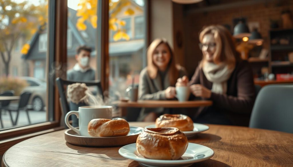 A cozy café setting in Umeå during a vibrant autumn afternoon, showcasing a traditional Swedish Fika. In the foreground, a wooden table is set with a plate of cinnamon buns and steaming cups of coffee. A warm light filters through a large window, casting soft shadows and highlighting the textures of the pastries. In the middle ground, a young couple in modest casual clothing is engaged in lively conversation, their expressions warm and joyful. The background features the charming Scandinavian architecture of Umeå with golden leaves gently falling from the trees outside. Shot with a Sony A7R IV at 70mm, the focus is sharp, enhanced by a polarized filter to richen the colors and detail, creating an inviting atmosphere that reflects a cultural culinary delight.