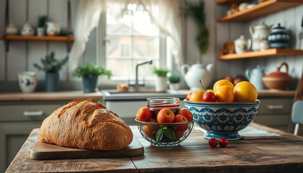 A cozy rural kitchen inspired by Astrid Lindgren, featuring traditional Swedish culinary specialties on a rustic wooden table. In the foreground, a freshly baked loaf of bread and a jar of lingonberry jam sit artistically arranged beside a bowl of vibrant summer fruits. In the middle ground, shelves filled with hand-painted pottery and herbs create a homely atmosphere. The background showcases a window with lace curtains allowing soft, warm natural light to flood in, enhancing the inviting scene. Shot with a Sony A7R IV at 70mm, the image is sharply defined with vibrant colors and a gentle, idyllic atmosphere. The setting reflects the charm of Swedish countryside living, evoking nostalgia and warmth without any human presence to focus on the food and environment.
