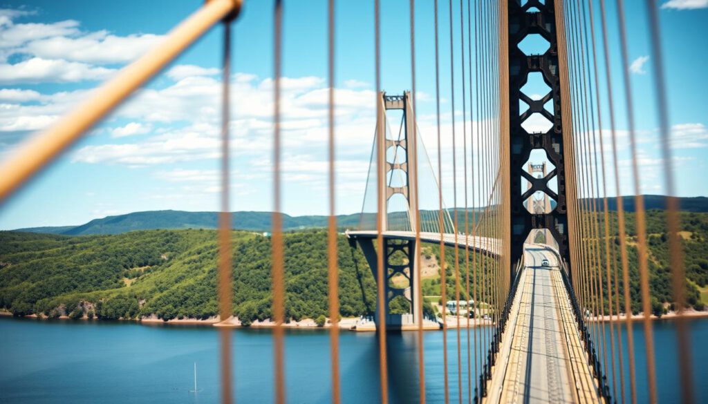 A detailed and vivid view of the Höga Kusten Bridge, showcasing its intricate engineering and majestic structure. In the foreground, highlight the bridge's elegant suspension cables and towers, demonstrating the unique design elements. The middle ground features the sweeping arch of the bridge as it spans across the landscape, with a serene water body below reflecting the bridge. The background captures a stunning natural vista of lush green hills and a clear blue sky, enhancing the sense of scale and beauty. Use soft, natural lighting to emphasize the bridge's steel design, shot at an angle that showcases its length and detail. The image is clearly focused, sharply defined, and taken with a polarized filter for enhanced clarity and color vibrancy, evoking a sense of awe at this engineering marvel.