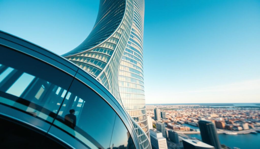 A detailed architectural view of the Turning Torso in Malmö, showcasing its twisting design, sleek glass façade, and intricate structural elements. In the foreground, capture the building's unique contours and materials, highlighting reflections of the surrounding environment. The middle ground features the building set against a clear blue sky, emphasizing its towering height and modernity. In the background, incorporate a cityscape with hints of Malmö's skyline, providing context. The image should be captured with a Sony A7R IV at 70mm, using a polarized filter to enhance colors and contrast, with sharp focus on the Turning Torso. The mood is dynamic and inspiring, showcasing advanced engineering and architectural innovation. No text or watermarks present. A detailed architectural view of the Turning Torso in Malmö, showcasing its twisting design, sleek glass façade, and intricate structural elements. In the foreground, capture the building's unique contours and materials, highlighting reflections of the surrounding environment. The middle ground features the building set against a clear blue sky, emphasizing its towering height and modernity. In the background, incorporate a cityscape with hints of Malmö's skyline, providing context. The image should be captured with a Sony A7R IV at 70mm, using a polarized filter to enhance colors and contrast, with sharp focus on the Turning Torso. The mood is dynamic and inspiring, showcasing advanced engineering and architectural innovation. No text or watermarks present.
