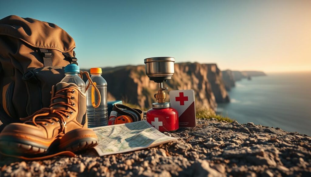 A detailed composition of essential hiking gear for the Höga Kusten, placed on a rugged outdoor surface. In the foreground, include a well-organized backpack, a sturdy pair of hiking boots, a water bottle, and a map of the area. In the middle, add a high-quality portable camp stove and a first-aid kit, subtly arranged to emphasize practicality and adventure. The background features a stunning view of the Höga Kusten coastline, with dramatic cliffs and the serene Baltic Sea under a clear blue sky, capturing the essence of a natural wonder. The lighting should be bright and vibrant, as if shot during golden hour, using a Sony A7R IV with a 70mm lens and a polarized filter, ensuring everything is sharply defined and focused. The mood reflects excitement and preparedness, inviting viewers to explore.