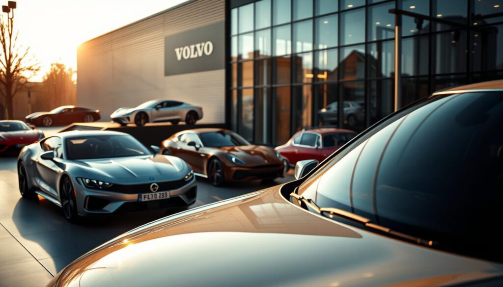 A dynamic comparison of automotive museums featuring the Volvo Museum in Göteborg. In the foreground, showcase a sleek, modern Volvo vehicle elegantly displayed, its polished surface reflecting ambient light. In the middle ground, integrate images of iconic cars from other renowned automotive museums, such as the Porsche Museum and the Mercedes-Benz Museum, arranged thoughtfully to highlight their unique designs. In the background, subtly include architectural elements of the Volvo Museum, characterized by contemporary lines and large glass windows. Capture the scene with a warm, inviting atmosphere, using golden hour lighting to create soft shadows and enhance the vehicles' features. Shot on a Sony A7R IV at 70mm, ensuring each detail is sharply defined, with a polarized filter for richer colors.