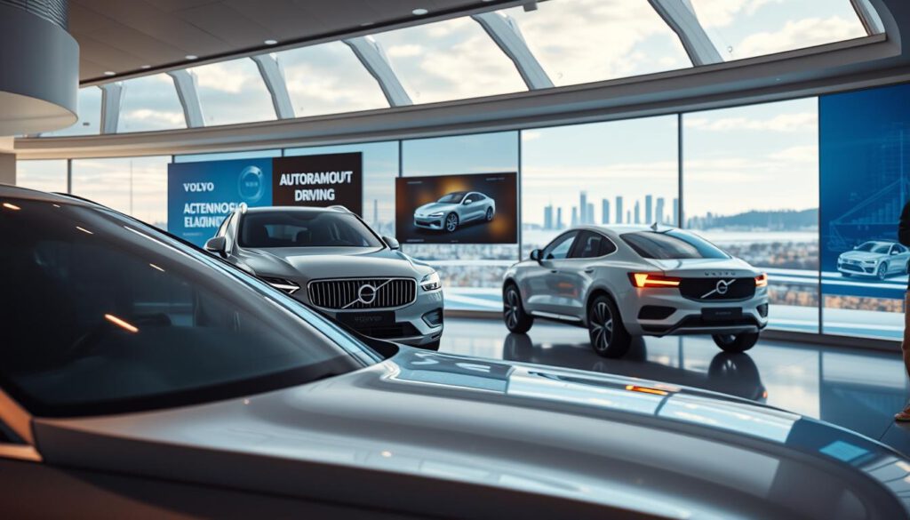 A futuristic Volvo showroom showcasing technological innovations in the automotive industry. In the foreground, a sleek, modern Volvo car exudes sophistication with glossy metallic accents and advanced features displayed. In the middle, interactive digital screens highlight Volvo's cutting-edge technology, such as autonomous driving systems and electric vehicle components, illuminated by soft blue LED lighting. The background features a panoramic window revealing Göteborg’s skyline, with a clear sky enhancing the innovative atmosphere. The scene is captured using a Sony A7R IV at 70mm, with a polarized filter for sharp detail and vibrant colors, creating a sense of professionalism and excitement around Volvo's commitment to innovation. Bright yet soft lighting creates an inviting, forward-thinking mood.