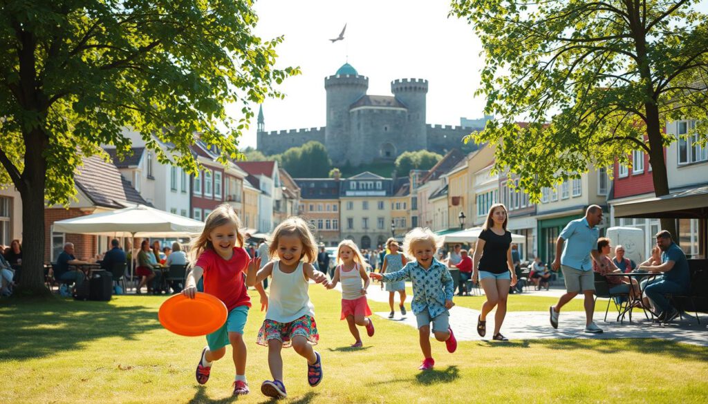 A lively family enjoying various activities in Kalmar, Sweden. In the foreground, a cheerful family with children wearing colorful, casual clothing, playing with a frisbee on a grassy area near the historic Kalmar Castle. In the middle, families interacting at outdoor café tables, and kids running between them, with the charming cobblestone streets and beautifully preserved buildings of Kalmar's old town surrounding them. In the background, the impressive silhouette of Kalmar Castle against a bright midday sky, with soft, dappled sunlight filtering through the leaves of nearby trees, creating a warm, inviting atmosphere. Shot with a Sony A7R IV at 70mm, clearly focused, sharply defined, with a polarized filter to enhance colors and reduce glare. The scene conveys a joyous, family-friendly environment, perfect for exploring together.