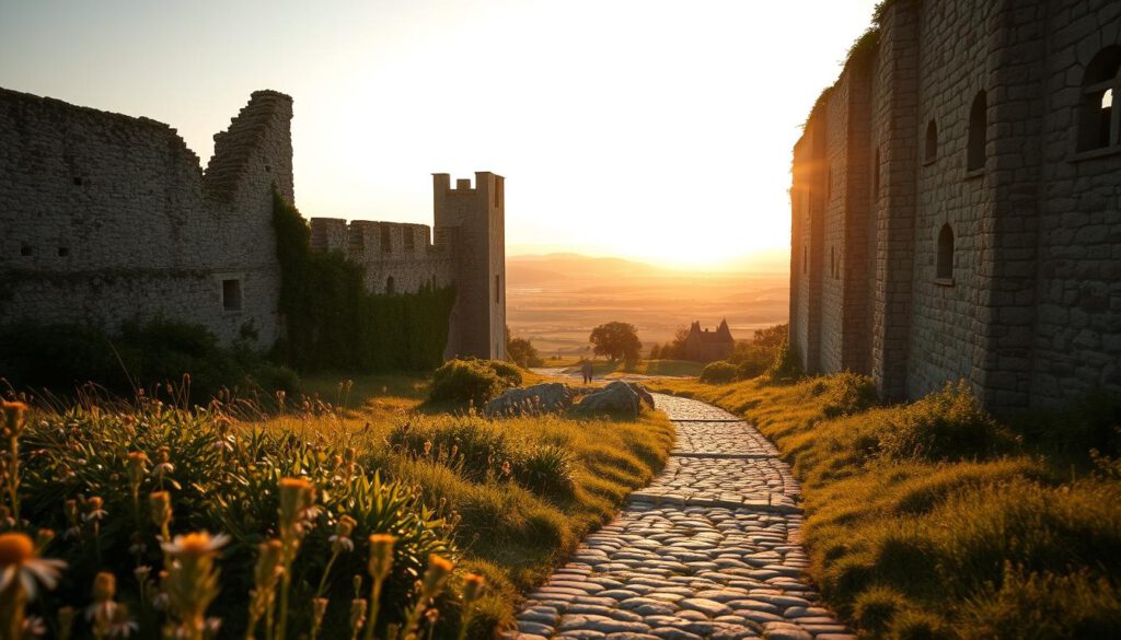 A majestic view of the ruins of Schloss Borgholm on Öland, captured during the golden hour with soft, warm lighting that illuminates the crumbling stone walls and ivy-covered towers. In the foreground, scattered wildflowers add a splash of color, while a cobblestone path leads deeper into the scene. The middle ground features the imposing silhouette of the castle with its weathered stones and intricate architectural details, surrounded by lush greenery. In the background, rolling hills and the sparkling Baltic Sea create a serene atmosphere. The image is shot with a Sony A7R IV at 70mm, ensuring a sharply defined focus, enhanced by a polarized filter to deepen the colors and contrast. The overall mood is one of quiet reflection and historical significance.