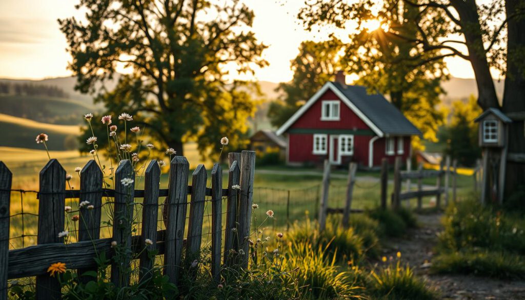 A nostalgic and enchanting scene capturing the essence of Astrid Lindgren's legacy in a serene Swedish landscape. In the foreground, an old wooden fence adorned with wildflowers, symbolizing childhood imagination and adventure. The middle ground features Lindgren's childhood home, a quaint red cottage with white trim, surrounded by lush green trees, evoking a sense of warmth and nostalgia. In the background, rolling hills under a soft, golden sunset create a tranquil atmosphere, with gentle rays filtering through the leaves. The composition is shot with a Sony A7R IV at 70mm, ensuring sharp focus and vivid details, enhanced by a polarized filter. The mood is reflective and serene, inviting viewers to appreciate the magical world inspired by Lindgren’s stories.