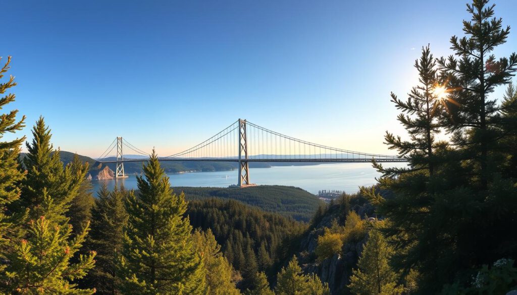 A panoramic view of the Höga Kusten Bridge, Sweden's longest suspension bridge, capturing its majestic structure against a clear blue sky. In the foreground, lush green trees and rocky cliffs frame the scene, while the middle ground features the bridge gracefully spanning the water, showcasing its cables and towers in sharp detail. In the background, rolling hills and distant forests create a serene landscape. The lighting is warm and inviting, with soft sunlight illuminating the bridge, enhancing the vibrant colors of the surrounding nature. Shot with a Sony A7R IV at 70mm, the image is clearly focused and sharply defined, using a polarized filter to enhance clarity and reduce glare, conveying a tranquil yet awe-inspiring atmosphere.