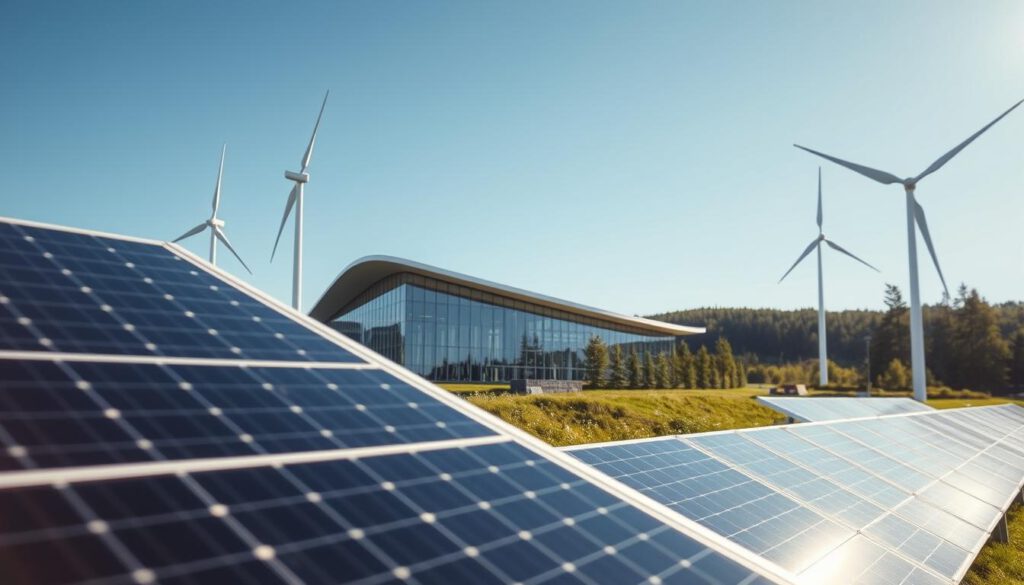 A panoramic view of the Sara Kulturhus in Skellefteå, showcasing its modern architectural design and integration with decentralized energy technologies. In the foreground, solar panels and wind turbines blend harmoniously, emphasizing sustainability. The middle ground features the iconic building with its sleek, glass facade reflecting the natural surroundings. In the background, lush greenery and a clear blue sky create an inviting atmosphere. The lighting is bright and natural, capturing the essence of a sunny day. The image is shot with a Sony A7R IV at 70mm, clearly focused throughout, with sharp details and enhanced vibrancy achieved through a polarized filter. The overall mood is innovative and forward-thinking, symbolizing a commitment to sustainable architecture and energy solutions.