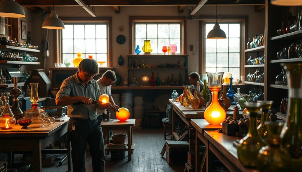 A picturesque glassblowing workshop in Glasriket, Småland, showcasing artisans at work. In the foreground, a skilled glassblower, dressed in modest casual clothing, shapes a colorful glass vase, with glowing molten glass reflecting light vividly. In the middle, vibrant glass sculptures and various tools are arranged on wooden tables, hinting at the craftsmanship involved. In the background, large windows allow warm natural light to flood the space, illuminating shelves filled with exquisite glass pieces. The atmosphere is lively yet serene, capturing the magic and artistry of the glassmaking process. Shot with a Sony A7R IV at 70mm, ensuring clarity and sharpness, with a polarized filter to enhance colors and details, creating a captivating and inviting scene.