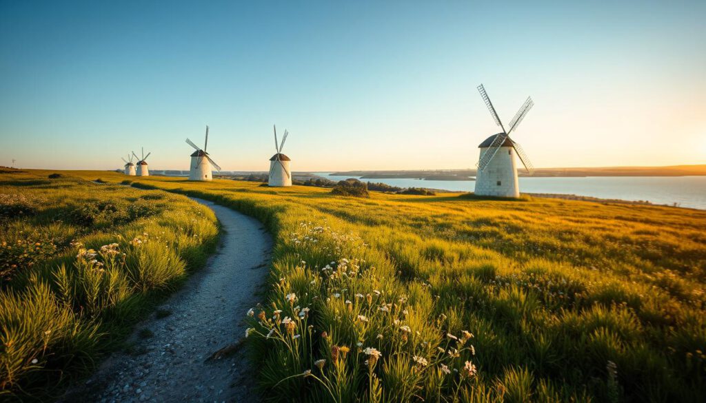 A picturesque landscape on Öland, capturing the serene beauty of the Alvaret. In the foreground, a winding path lined with wildflowers leads through the lush greenery, inviting leisurely strolls. The middle ground features iconic Öland windmills gently swaying in the breeze, with their white sails contrasting against the blue sky. In the background, rolling hills and a tranquil coastline stretch into the distance, illuminated by the soft golden glow of the late afternoon sun. The scene is shot with a Sony A7R IV at 70mm, ensuring sharp focus and defined details, enhanced by a polarized filter to enrich the colors and reduce glare, creating a calm and inviting atmosphere perfect for hiking and exploration. A picturesque landscape on Öland, capturing the serene beauty of the Alvaret. In the foreground, a winding path lined with wildflowers leads through the lush greenery, inviting leisurely strolls. The middle ground features iconic Öland windmills gently swaying in the breeze, with their white sails contrasting against the blue sky. In the background, rolling hills and a tranquil coastline stretch into the distance, illuminated by the soft golden glow of the late afternoon sun. The scene is shot with a Sony A7R IV at 70mm, ensuring sharp focus and defined details, enhanced by a polarized filter to enrich the colors and reduce glare, creating a calm and inviting atmosphere perfect for hiking and exploration.