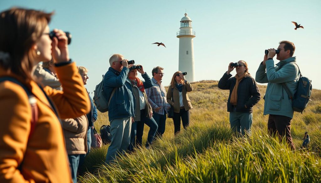 A picturesque scene at Ottenby, capturing a guided birdwatching tour near the Ottenby Lighthouse. In the foreground, a small group of diverse individuals, dressed in professional outdoor attire, attentively observing birds through binoculars, with a knowledgeable guide pointing towards the sky. The middle ground features lush green grass and colorful migratory birds flitting about, while the iconic white lighthouse stands tall in the background against a serene blue sky. The sunlight gently illuminates the scene, casting soft shadows and creating a peaceful atmosphere. The image is shot with a Sony A7R IV at 70mm, ensuring clear focus and sharp definition, enhanced by a polarized filter to enrich colors and contrast.