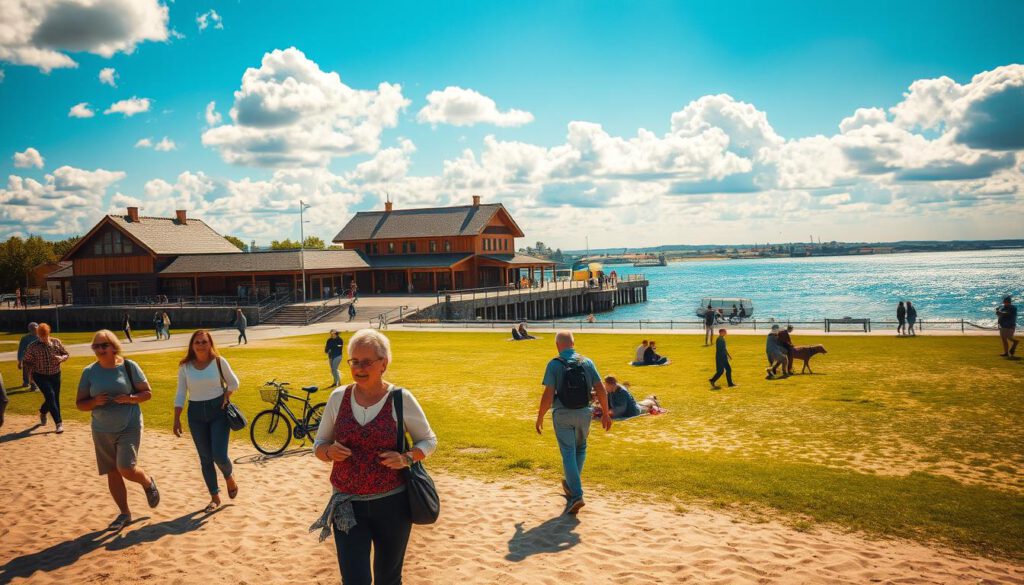 A picturesque scene capturing the vibrant surroundings of Malmö, featuring the iconic Ribersborgs Kallbadhus with its beautiful wooden architecture by the water's edge. In the foreground, a group of people in modest casual attire enjoy leisurely activities, such as strolling along the sandy beach and engaging in conversation. The middle ground showcases families and friends picnicking on the lush green lawns, with bicycles parked nearby and people walking dogs. The background reveals the serene coastline stretching towards a bright blue sky, punctuated by fluffy white clouds. Sunlight creates a warm, inviting atmosphere, while reflections shimmer on the water's surface. Shot on a Sony A7R IV at 70mm, with a sharply defined focus and a polarized filter for vibrant color contrast.