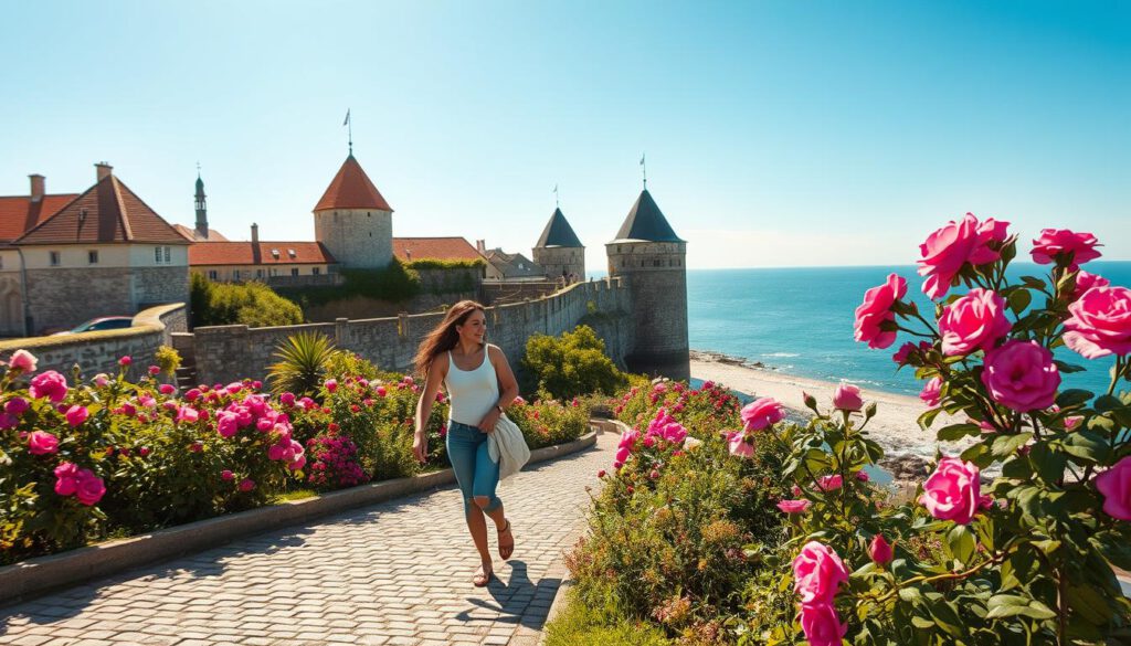 A picturesque scene in Visby during a vibrant summer day, showcasing the medieval city walls adorned with blooming roses. In the foreground, a couple dressed in modest casual clothing strolls along a cobblestone path lined with colorful flower beds, capturing the essence of the rose city. The middle ground features the iconic round towers and stone walls of the city, bathed in warm sunlight, creating a welcoming atmosphere. In the background, the serene expanse of the Baltic Sea sparkles under a clear blue sky. The image is shot with a Sony A7R IV at 70mm, exhibiting sharp details and a depth of field that enhances the vibrancy of the flowers and texture of the stone. The mood is joyful and relaxed, inviting viewers to explore the activities and leisure opportunities in this historic town. A picturesque scene in Visby during a vibrant summer day, showcasing the medieval city walls adorned with blooming roses. In the foreground, a couple dressed in modest casual clothing strolls along a cobblestone path lined with colorful flower beds, capturing the essence of the rose city. The middle ground features the iconic round towers and stone walls of the city, bathed in warm sunlight, creating a welcoming atmosphere. In the background, the serene expanse of the Baltic Sea sparkles under a clear blue sky. The image is shot with a Sony A7R IV at 70mm, exhibiting sharp details and a depth of field that enhances the vibrancy of the flowers and texture of the stone. The mood is joyful and relaxed, inviting viewers to explore the activities and leisure opportunities in this historic town.