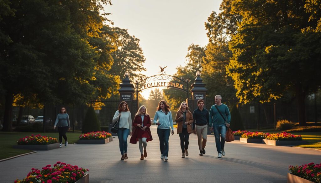 A picturesque scene of Folkets Park in Malmö during golden hour, showcasing its vibrant atmosphere. In the foreground, a well-maintained pathway with colorful flower beds invites visitors, while families and friends are strolling casually, dressed in casual, modest clothing. In the middle ground, the entrance gate is elegantly designed, adorned with greenery and park signage indicating "Free Admission" and "Opening Hours," blending seamlessly with its surroundings. The background features the iconic trees of the park, casting gently dancing shadows under the warm, soft sunlight. Shot with a Sony A7R IV at 70mm, the image is sharply defined, with a polarized filter enhancing the colors and depth, creating a welcoming, cheerful mood reflective of a lively community space. A picturesque scene of Folkets Park in Malmö during golden hour, showcasing its vibrant atmosphere. In the foreground, a well-maintained pathway with colorful flower beds invites visitors, while families and friends are strolling casually, dressed in casual, modest clothing. In the middle ground, the entrance gate is elegantly designed, adorned with greenery and park signage indicating "Free Admission" and "Opening Hours," blending seamlessly with its surroundings. The background features the iconic trees of the park, casting gently dancing shadows under the warm, soft sunlight. Shot with a Sony A7R IV at 70mm, the image is sharply defined, with a polarized filter enhancing the colors and depth, creating a welcoming, cheerful mood reflective of a lively community space.