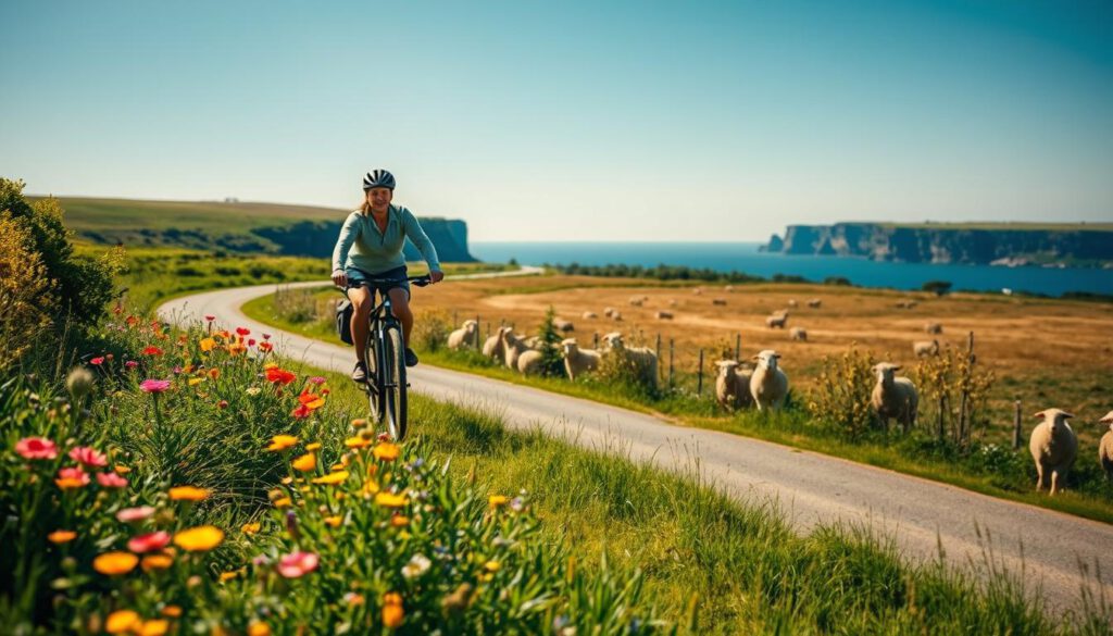 A picturesque scene of sustainable cycling on Öland, featuring a cyclist in modest casual clothing riding along a flat, winding path surrounded by lush, green landscapes. In the foreground, vibrant wildflowers bloom alongside the pathway, while the middle ground showcases a peaceful, sunlit field dotted with grazing sheep. The background presents the iconic Öland coastal cliffs under a clear blue sky, creating a sense of tranquility. The image is captured with a Sony A7R IV at 70mm, with a focus on the cyclist, resulting in clear, sharp details enhanced by a polarized filter that emphasizes the vivid colors and natural beauty of the environment. The overall mood is uplifting and serene, reflecting a commitment to sustainability and the joys of cycling in a scenic landscape. A picturesque scene of sustainable cycling on Öland, featuring a cyclist in modest casual clothing riding along a flat, winding path surrounded by lush, green landscapes. In the foreground, vibrant wildflowers bloom alongside the pathway, while the middle ground showcases a peaceful, sunlit field dotted with grazing sheep. The background presents the iconic Öland coastal cliffs under a clear blue sky, creating a sense of tranquility. The image is captured with a Sony A7R IV at 70mm, with a focus on the cyclist, resulting in clear, sharp details enhanced by a polarized filter that emphasizes the vivid colors and natural beauty of the environment. The overall mood is uplifting and serene, reflecting a commitment to sustainability and the joys of cycling in a scenic landscape.