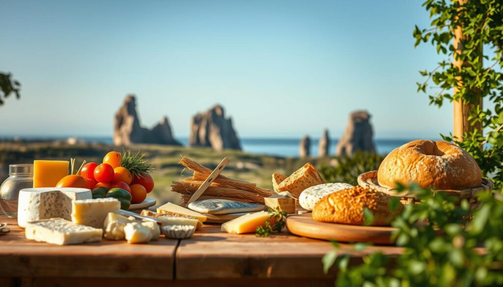 A picturesque scene showcasing regional specialties from Gotland, positioned on an elegantly set wooden table in the foreground. On the table, arrange an assortment of local delicacies: vibrant, colorful cheeses, rustic bread, freshly caught fish, and traditional rye cakes, garnished with herbs. In the middle ground, display a backdrop of the rugged Rauk landscape, with unique rock formations rising against a clear blue sky. Framing the scene, include lush greenery typical of Gotland’s countryside. Capture the warmth of golden hour light, creating soft shadows and highlighting textures. Employ a sharp focus with a polarizing filter to enhance colors and clarity, shot on a Sony A7R IV with a 70mm lens for depth of field. The overall mood should evoke a sense of local authenticity and culinary delight, inviting viewers to experience Gotland's rich gastronomic culture. A picturesque scene showcasing regional specialties from Gotland, positioned on an elegantly set wooden table in the foreground. On the table, arrange an assortment of local delicacies: vibrant, colorful cheeses, rustic bread, freshly caught fish, and traditional rye cakes, garnished with herbs. In the middle ground, display a backdrop of the rugged Rauk landscape, with unique rock formations rising against a clear blue sky. Framing the scene, include lush greenery typical of Gotland’s countryside. Capture the warmth of golden hour light, creating soft shadows and highlighting textures. Employ a sharp focus with a polarizing filter to enhance colors and clarity, shot on a Sony A7R IV with a 70mm lens for depth of field. The overall mood should evoke a sense of local authenticity and culinary delight, inviting viewers to experience Gotland's rich gastronomic culture.