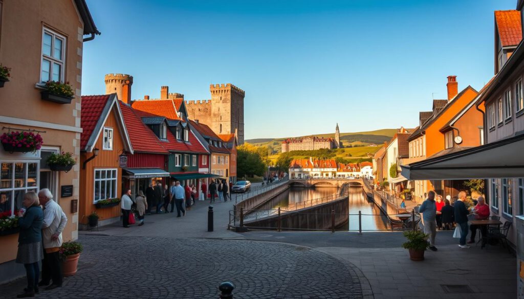 A picturesque view of Kalmar, Sweden, featuring hidden gems that visitors may overlook. In the foreground, a charming cobblestone street lined with colorful traditional houses adorned with flower boxes, and a local café with people enjoying their drinks, dressed in modest casual clothing. The middle ground showcases the majestic Kalmar Castle, its towers reaching towards a clear blue sky, reflecting in a serene canal. In the background, rolling green hills and the distinct shapes of glass studios from the nearby Glasriket region can be seen, hinting at art creations. The scene is bathed in warm, golden hour lighting, enhancing the vibrant colors and casting soft shadows, captured with a Sony A7R IV at 70mm, sharply focused with a polarized filter. The atmosphere is inviting and serene, evoking a sense of discovery and exploration.