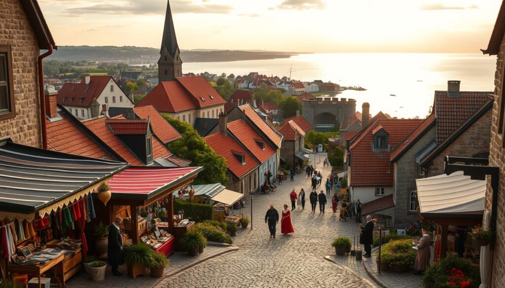 A picturesque view of Visby, Sweden, during the Medieval Week, showcasing its enchanting medieval architecture and vibrant atmosphere. In the foreground, detailed cobblestone streets lined with colorful market stalls filled with handcrafted goods and medieval-themed decorations. In the middle ground, historic stone buildings with red roofs and iconic defensive walls, with people dressed in modest medieval attire mingling and engaging in various activities. The background features lush greenery and the shimmering Baltic Sea under a soft golden sunset, enhancing the warm and festive ambiance. Capture this scene using a Sony A7R IV at 70mm, ensuring sharp focus and well-defined details with a polarized filter to enrich colors. The mood is lively and celebratory, inviting viewers into the charm of Visby’s medieval festivities. A picturesque view of Visby, Sweden, during the Medieval Week, showcasing its enchanting medieval architecture and vibrant atmosphere. In the foreground, detailed cobblestone streets lined with colorful market stalls filled with handcrafted goods and medieval-themed decorations. In the middle ground, historic stone buildings with red roofs and iconic defensive walls, with people dressed in modest medieval attire mingling and engaging in various activities. The background features lush greenery and the shimmering Baltic Sea under a soft golden sunset, enhancing the warm and festive ambiance. Capture this scene using a Sony A7R IV at 70mm, ensuring sharp focus and well-defined details with a polarized filter to enrich colors. The mood is lively and celebratory, inviting viewers into the charm of Visby’s medieval festivities.