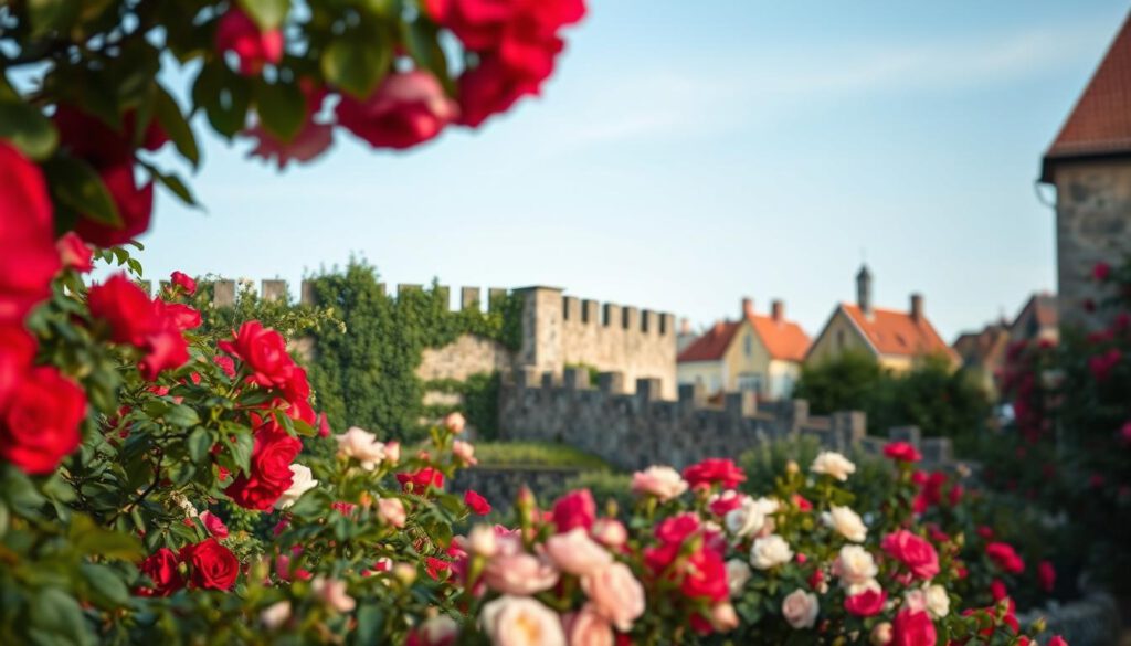 A picturesque view of the medieval town of Visby, known as the "Rose Town," showcasing its famous city walls adorned with vibrant climbing roses in full bloom. In the foreground, colorful rose bushes in various shades of red, pink, and white create a lush, fragrant ambiance. The middle ground features the iconic medieval stone walls, partially covered with vines, standing resilient against a clear blue sky. In the background, charming medieval buildings with traditional Swedish architecture peep through the greenery, adding depth. The scene is illuminated by soft, warm morning light, captured with a Sony A7R IV at 70mm, ensuring crisp details and a tranquil atmosphere. The overall mood is one of serenity and historical charm, inviting viewers to explore the beauty of Visby. A picturesque view of the medieval town of Visby, known as the "Rose Town," showcasing its famous city walls adorned with vibrant climbing roses in full bloom. In the foreground, colorful rose bushes in various shades of red, pink, and white create a lush, fragrant ambiance. The middle ground features the iconic medieval stone walls, partially covered with vines, standing resilient against a clear blue sky. In the background, charming medieval buildings with traditional Swedish architecture peep through the greenery, adding depth. The scene is illuminated by soft, warm morning light, captured with a Sony A7R IV at 70mm, ensuring crisp details and a tranquil atmosphere. The overall mood is one of serenity and historical charm, inviting viewers to explore the beauty of Visby.