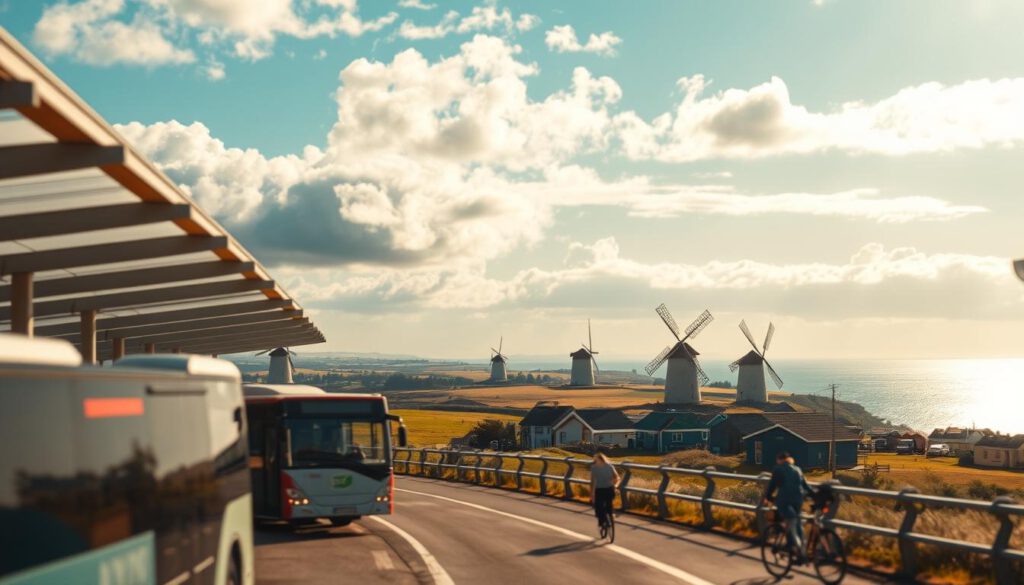 A scenic view highlighting the journey to Öland, featuring a well-designed transportation hub with modern vehicles such as buses and bicycles in the foreground. In the middle ground, a picturesque landscape with rolling hills and windmills that capture the essence of Öland, showcasing traditional Swedish architecture. The background should include a vibrant blue sky with soft clouds and the shimmering Baltic Sea, reflecting the natural beauty of the region. The lighting is warm and inviting, reminiscent of late afternoon sunshine, shot on a Sony A7R IV at 70mm, with a clearly focused and sharply defined image enhanced by a polarized filter. The mood is tranquil yet lively, inviting viewers to explore the island. A scenic view highlighting the journey to Öland, featuring a well-designed transportation hub with modern vehicles such as buses and bicycles in the foreground. In the middle ground, a picturesque landscape with rolling hills and windmills that capture the essence of Öland, showcasing traditional Swedish architecture. The background should include a vibrant blue sky with soft clouds and the shimmering Baltic Sea, reflecting the natural beauty of the region. The lighting is warm and inviting, reminiscent of late afternoon sunshine, shot on a Sony A7R IV at 70mm, with a clearly focused and sharply defined image enhanced by a polarized filter. The mood is tranquil yet lively, inviting viewers to explore the island.