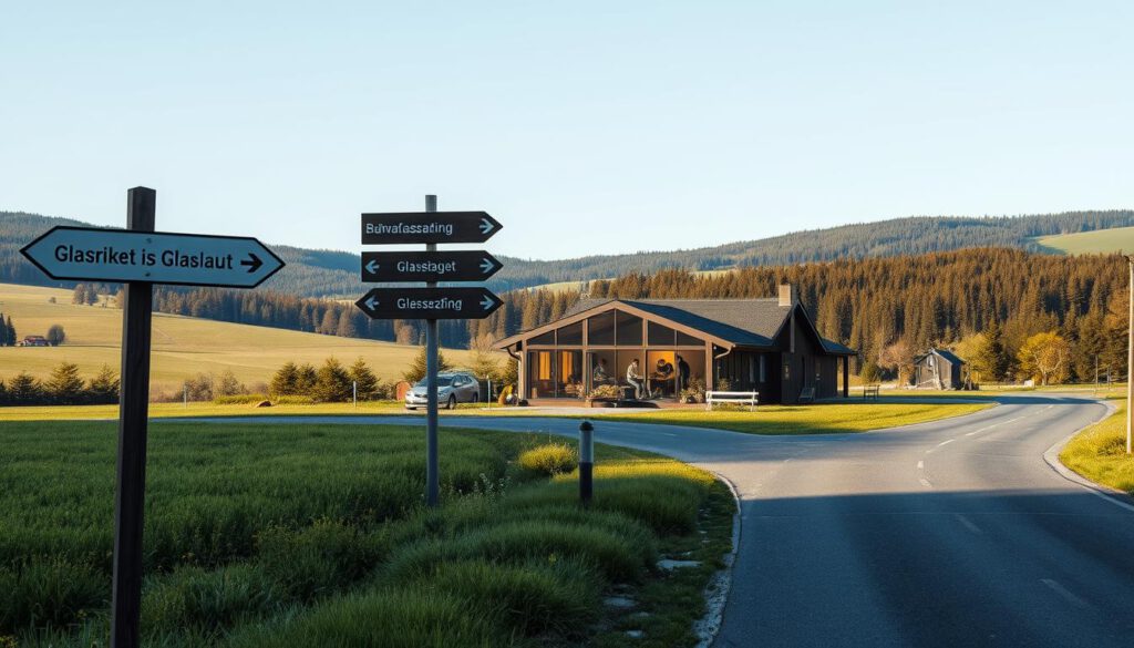 A scenic view of Glasriket in Småland showcasing travel options to this iconic glassmaking region. In the foreground, feature a well-maintained road with directional signs pointing towards various glasshuts, surrounded by lush green fields. In the middle ground, depict a picturesque glassmaking studio with artisans in modest, professional attire skillfully blowing glass, their work illuminated by soft, natural light filtering through large windows. The background should be composed of rolling hills and dense forests under a bright blue sky, adding depth to the landscape. The image should evoke a sense of adventure and craftsmanship, focusing on the beauty of the region while being sharply defined, captured with a Sony A7R IV at 70mm, using a polarized filter for enhanced clarity and vibrancy.