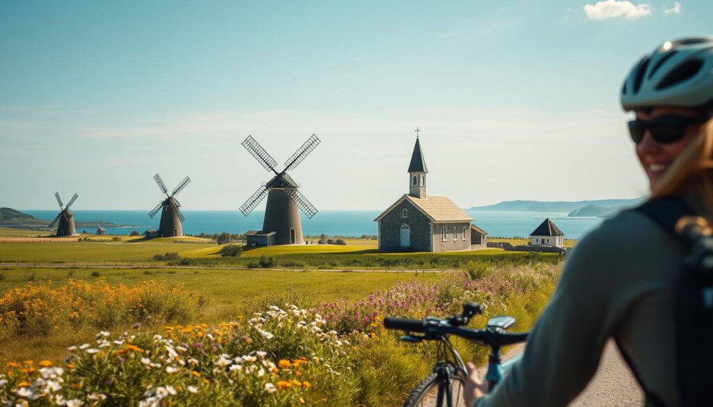 A scenic view of Öland's landmarks along a bike route, showcasing beautiful, flat terrain, dotted with iconic historical sites like traditional windmills and ancient stone churches. In the foreground, include a cyclist wearing casual outdoor clothing, enjoying the ride. The middle ground features picturesque landscapes with vibrant green fields and blooming wildflowers under a bright blue sky. In the background, capture Öland’s distinctive coastline and distant hills, adding depth to the scene. Use soft, natural lighting to create an inviting atmosphere, and ensure the image has a clear and sharp focus, as if shot with a Sony A7R IV at 70mm with a polarized filter. This setting should evoke a sense of adventure and cultural exploration. A scenic view of Öland's landmarks along a bike route, showcasing beautiful, flat terrain, dotted with iconic historical sites like traditional windmills and ancient stone churches. In the foreground, include a cyclist wearing casual outdoor clothing, enjoying the ride. The middle ground features picturesque landscapes with vibrant green fields and blooming wildflowers under a bright blue sky. In the background, capture Öland’s distinctive coastline and distant hills, adding depth to the scene. Use soft, natural lighting to create an inviting atmosphere, and ensure the image has a clear and sharp focus, as if shot with a Sony A7R IV at 70mm with a polarized filter. This setting should evoke a sense of adventure and cultural exploration.